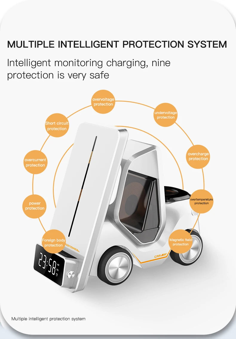 Wireless Charger 4 in 1 Forklift Design Fast Charging Dock with Alarm Clock Time For iPhone/iWatch/AirPods Pro