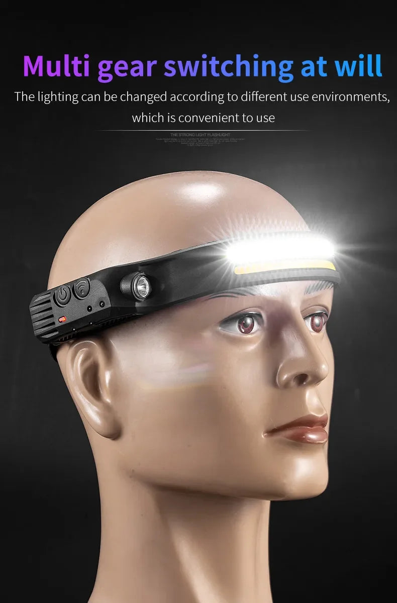 LED COB Induction Headlamp Built-in Battery Sensor Head Flashlight USB Rechargeable 5 Lighting Modes Waterproof Headlight
