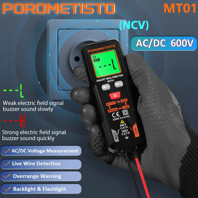 MT01 Digital Multimeter 2000 Counts 600V AC/DC Volt Meter Auto-ranging NCV Phase Sequence Resistance Multimetre with Backlight