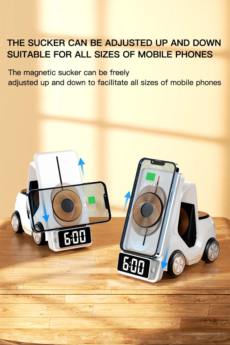 Wireless Charger 4 in 1 Forklift Design Fast Charging Dock with Alarm Clock Time For iPhone/iWatch/AirPods Pro