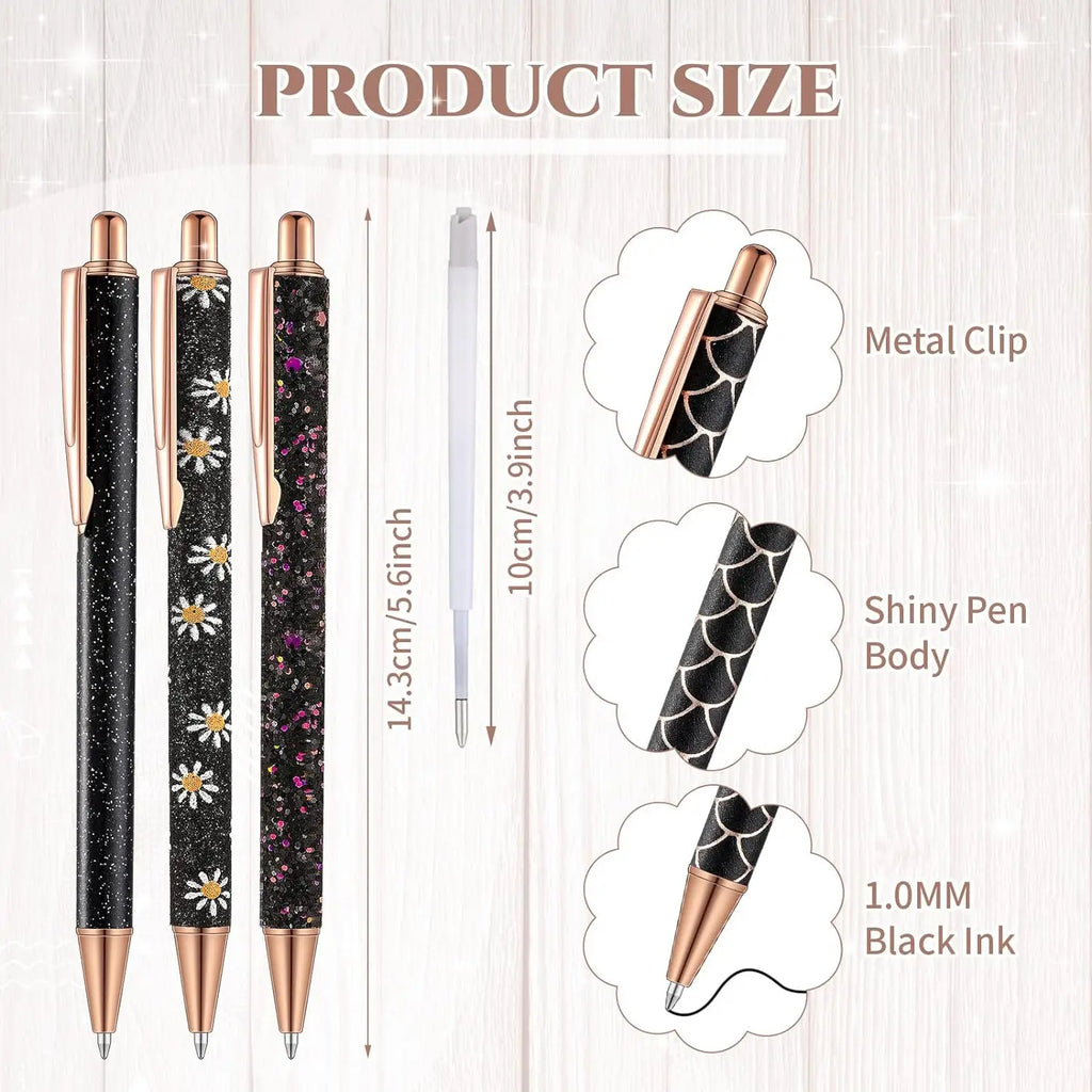 7 Pcs Fancy Pens For Women Cute Pens Sparkly Glitter Pens with 10 Pcs Black Ink Refills Pretty Pen Gifts Journaling Pens