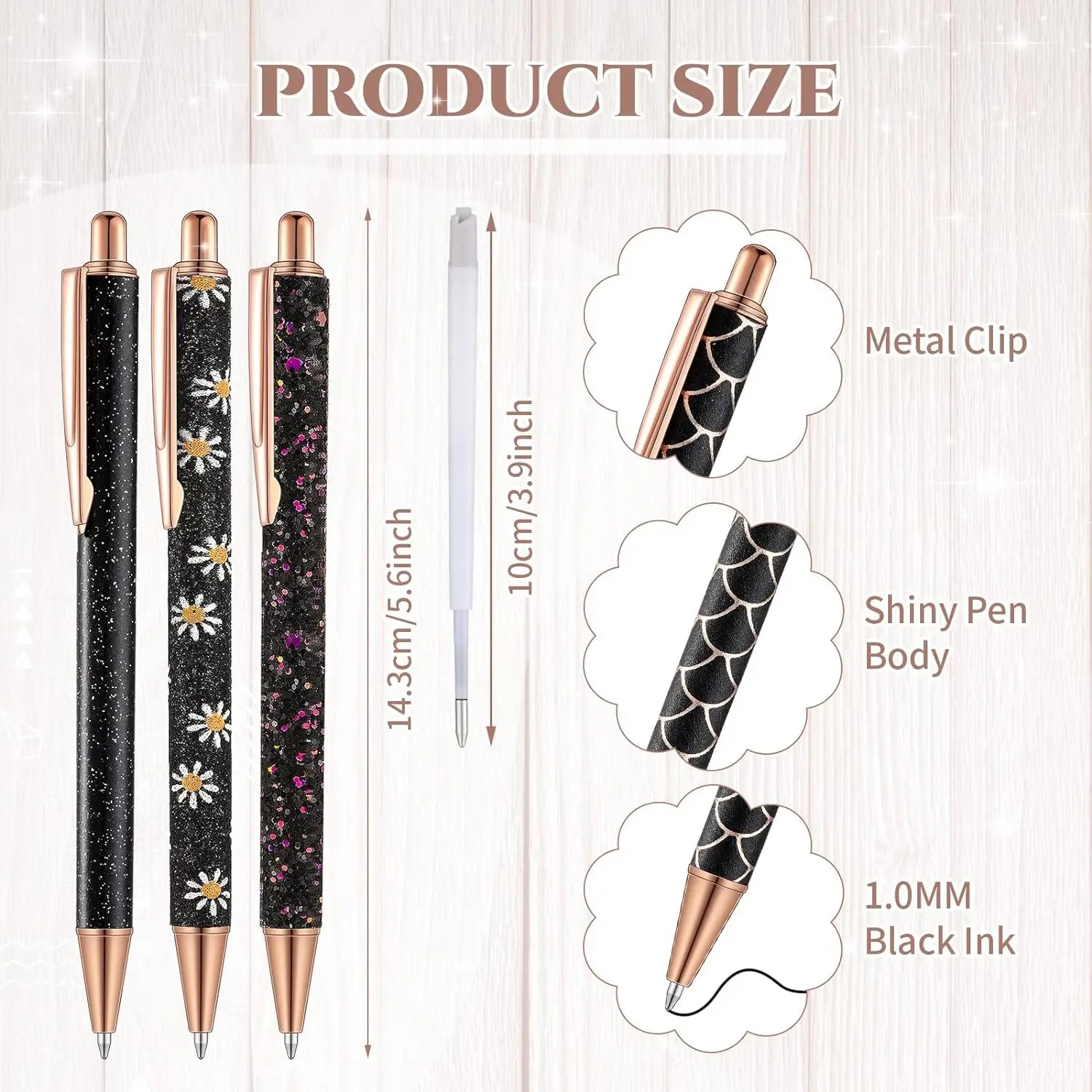 7 Pcs Fancy Pens For Women Cute Pens Sparkly Glitter Pens with 10 Pcs Black Ink Refills Pretty Pen Gifts Journaling Pens