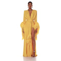 Luxury Women Dresses Deep V Neck Evening Gown with Feather Cuff Details Long Sleeves High Slit Formal Dress for Prom Party Guest