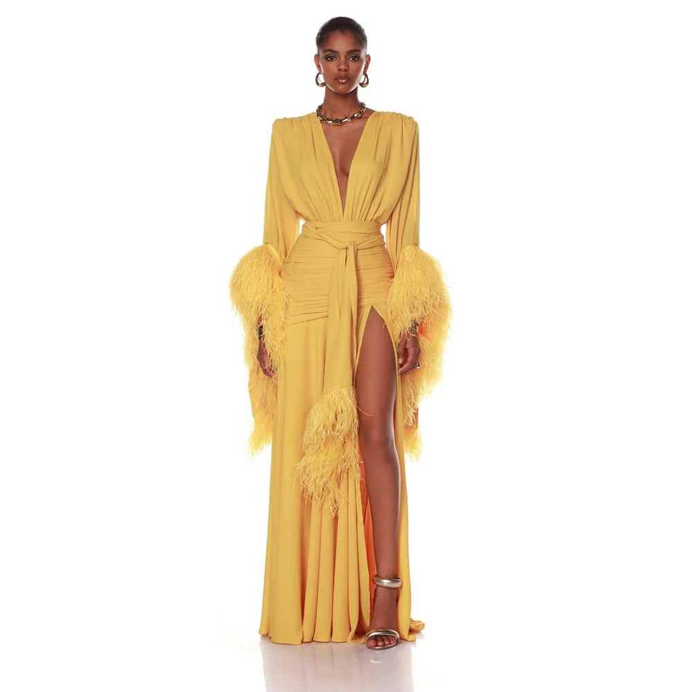 Luxury Women Dresses Deep V Neck Evening Gown with Feather Cuff Details Long Sleeves High Slit Formal Dress for Prom Party Guest