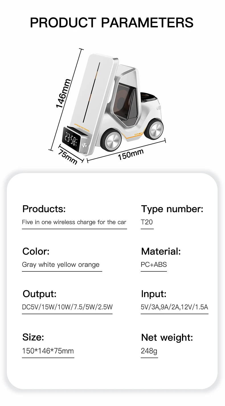 Wireless Charger 4 in 1 Forklift Design Fast Charging Dock with Alarm Clock Time For iPhone/iWatch/AirPods Pro