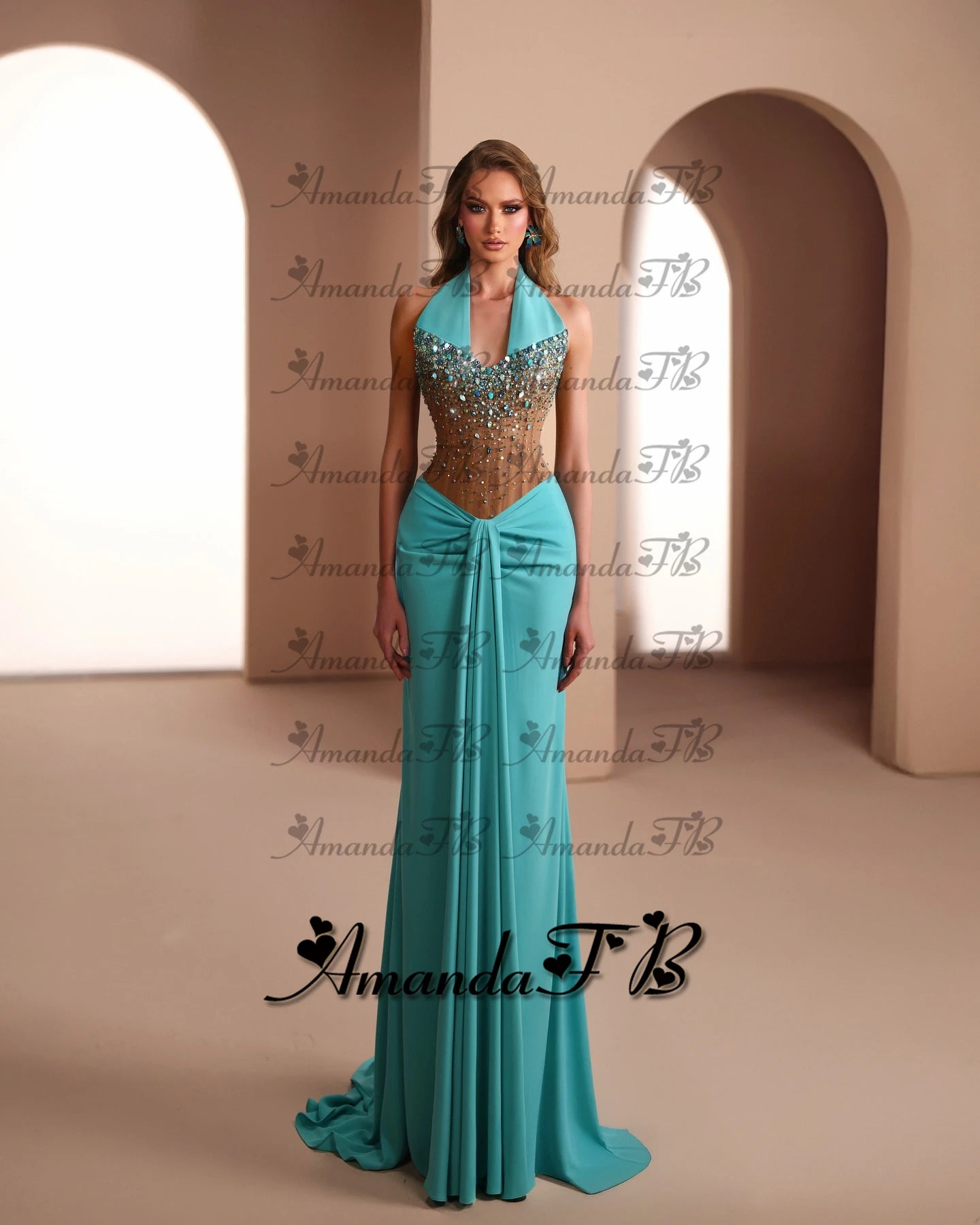 Amanda Exquisite Rhinestones Evening Dress Halter Sleeveless Trumpet Satin Formal Party Gown Vestidos De Fiesta Customized