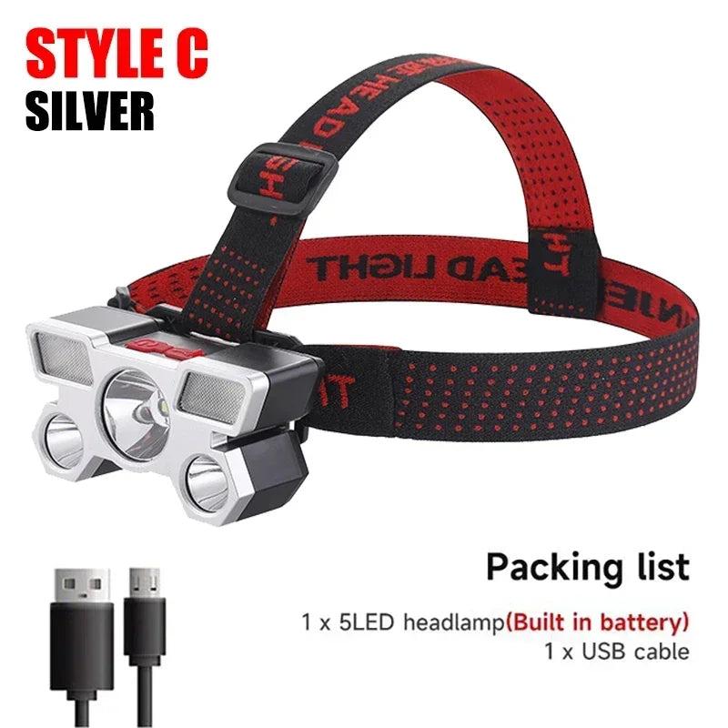 5 LED Strong Light Headlamp Built in 18650 Battery USB Rechargeable Head Flashlight Outdoor Ultra Bright Fishing Camping Lamp
