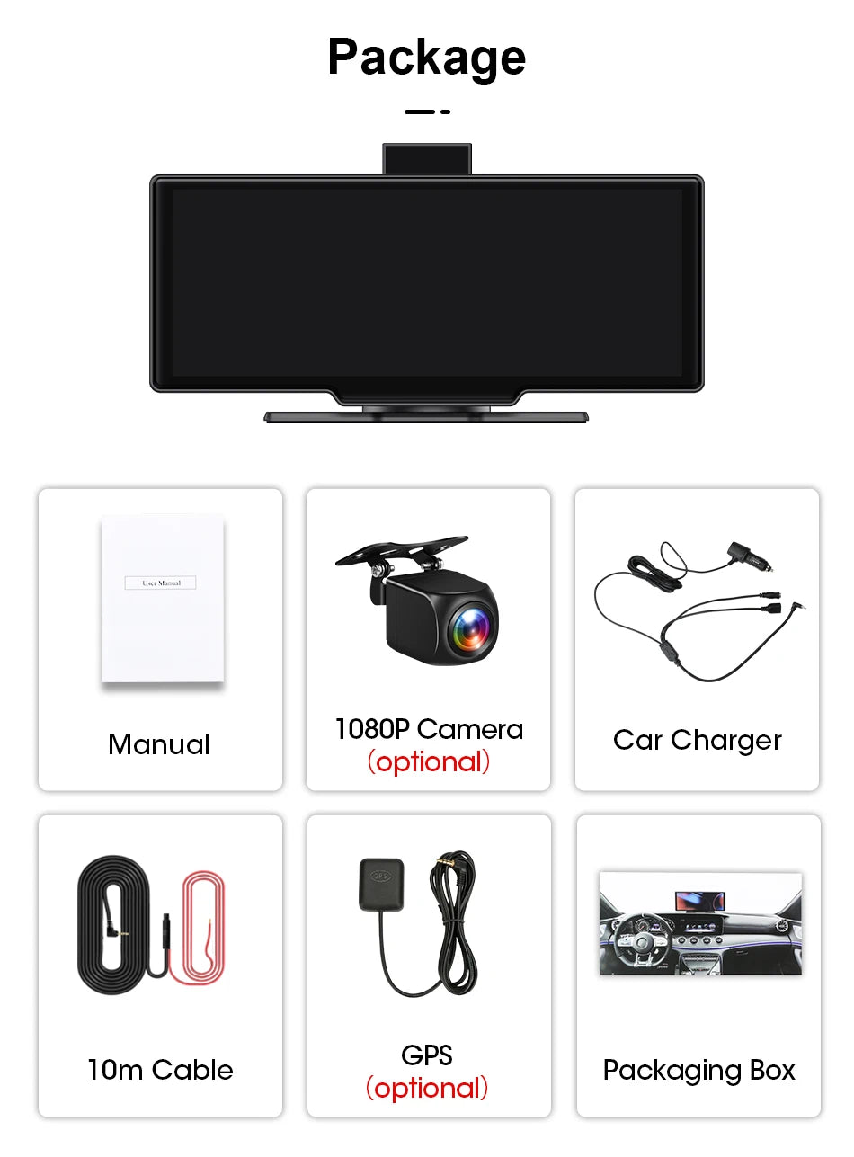 10.26'' Dash Cam 4K Car Mirror Video Player Wireless Carplay Android Auto GPS Car Monitor Multimedia Rearview Camera Dashboard