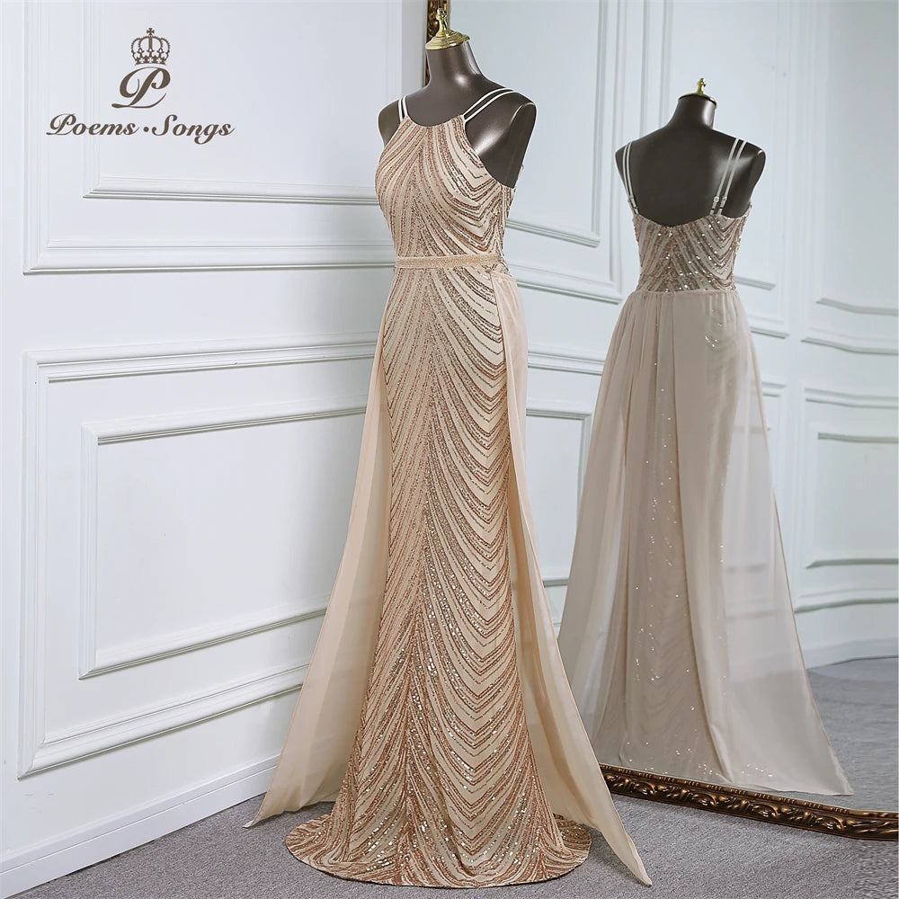 luxury sequins mermaid evening dress With Detachable Chiffon Train Prom Dress evening party dresses for women wedding party