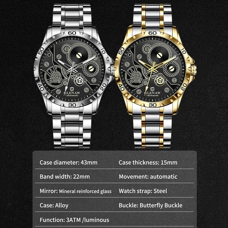 2025 New Glenaw Watches Gear Mechanical All Luminous Design Style Stainless Steel Waterproof Mechanical Watch Men Clock GL8688