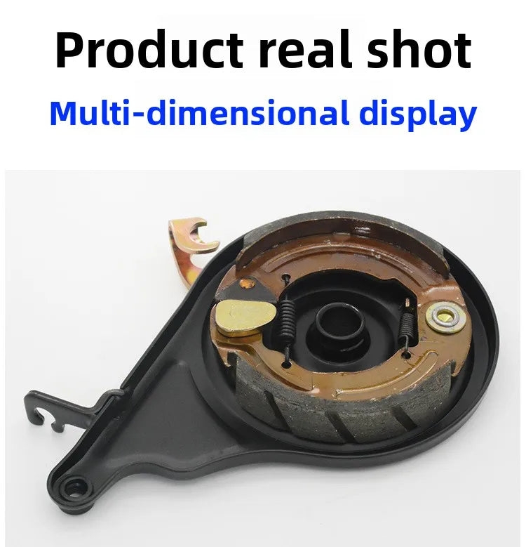 Electric scooter with 110-volt motor and integrated rear brake, electric motorcycle drum brake, tensioning assembly.