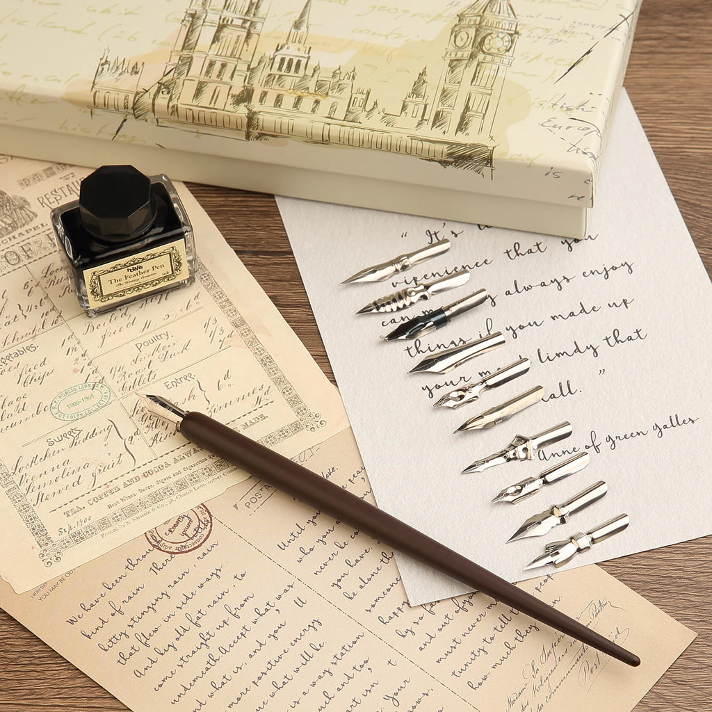 Calligraphy Set for Beginners Wooden Pen and Ink Set Fancy Pens with Black Ink and 11 Nibs for Lettering, Journaling, Signing