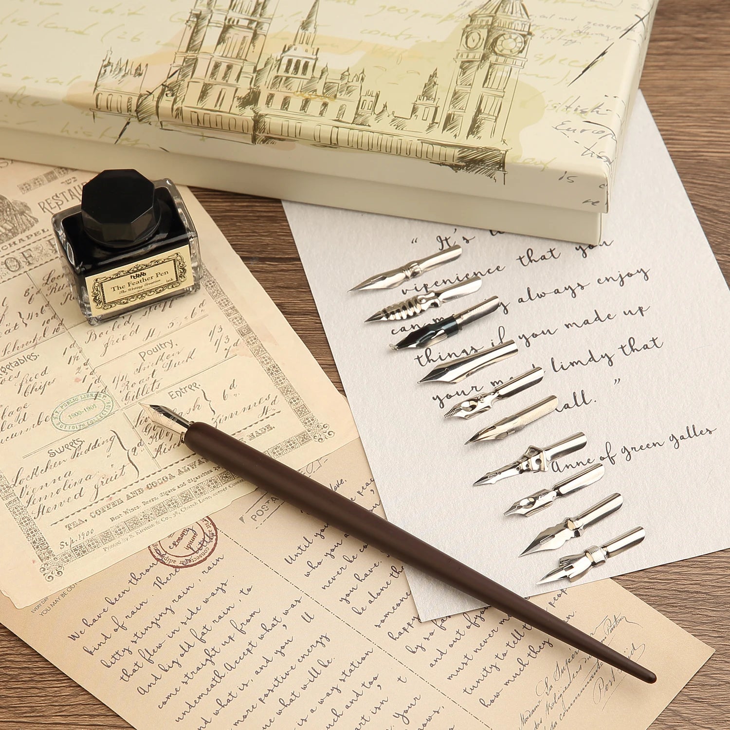 Calligraphy Set for Beginners Wooden Pen and Ink Set Fancy Pens with Black Ink and 11 Nibs for Lettering, Journaling, Signing