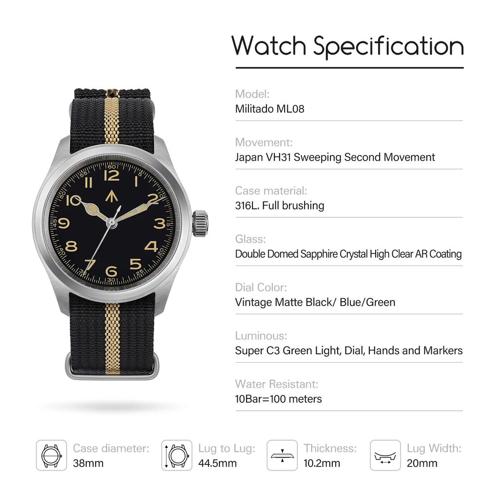Militado ML08 Men Military Watch VH31 Quartz Movement Sapphire Luminous Waterproof Watches 38mm Vintage Stainless Steel Watch