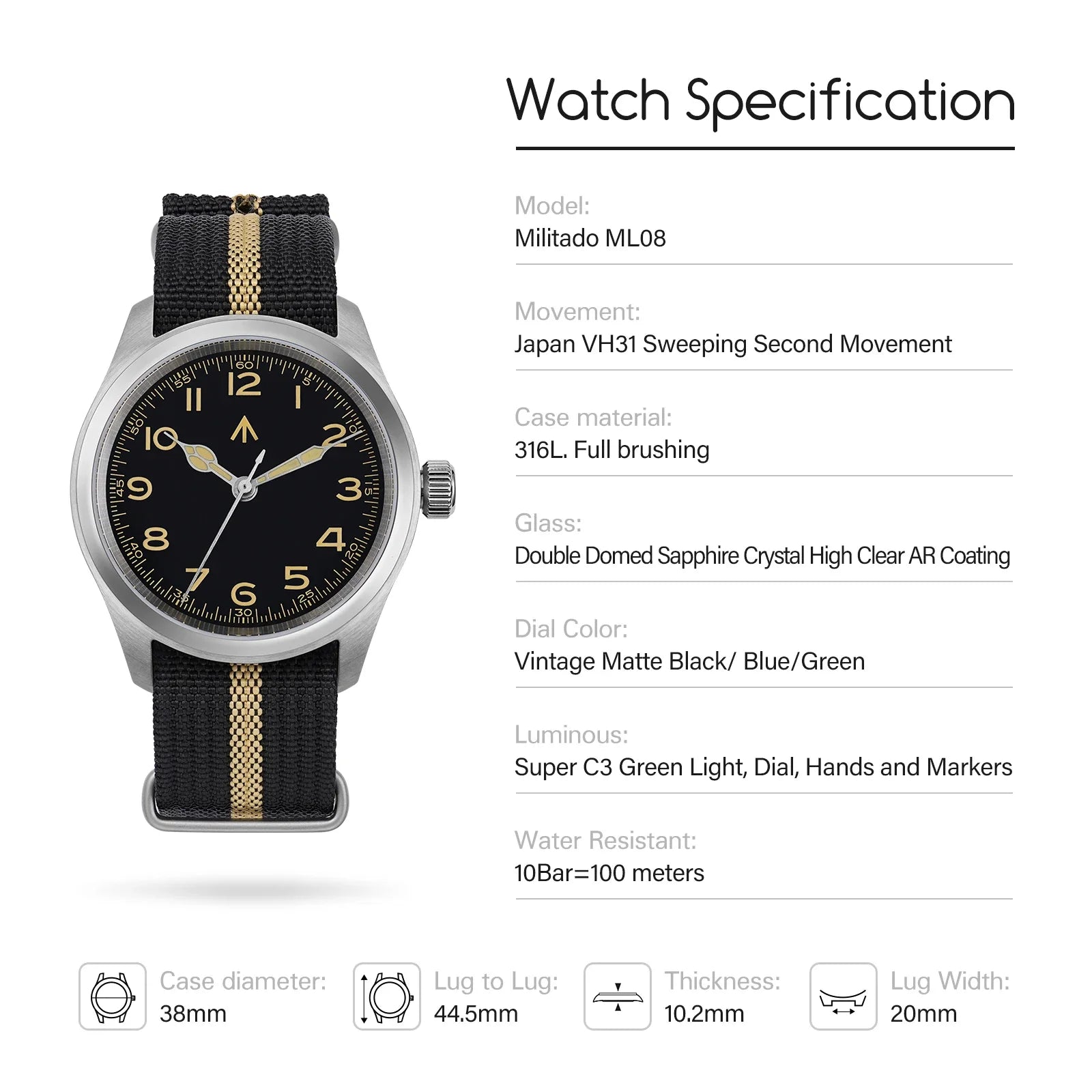 Militado ML08 Men Military Watch VH31 Quartz Movement Sapphire Luminous Waterproof Watches 38mm Vintage Stainless Steel Watch