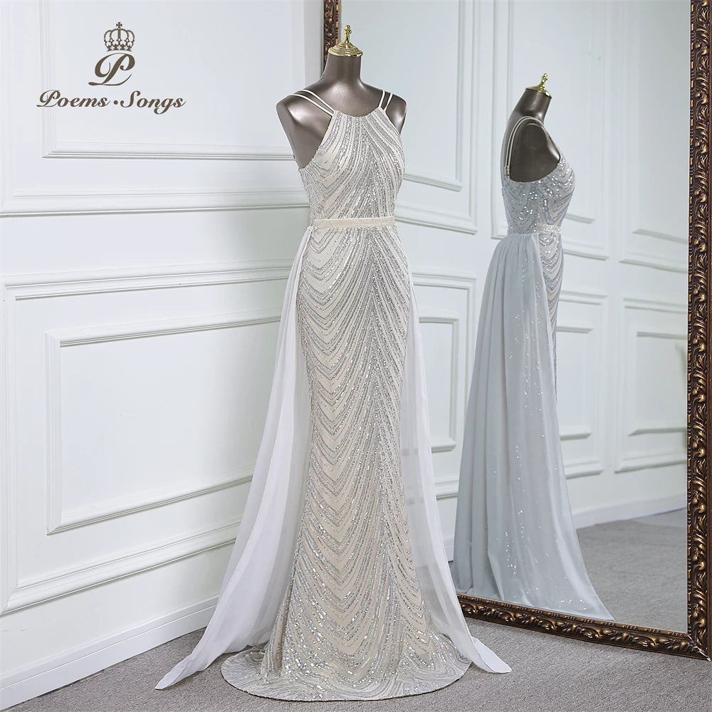 luxury sequins mermaid evening dress With Detachable Chiffon Train Prom Dress evening party dresses for women wedding party