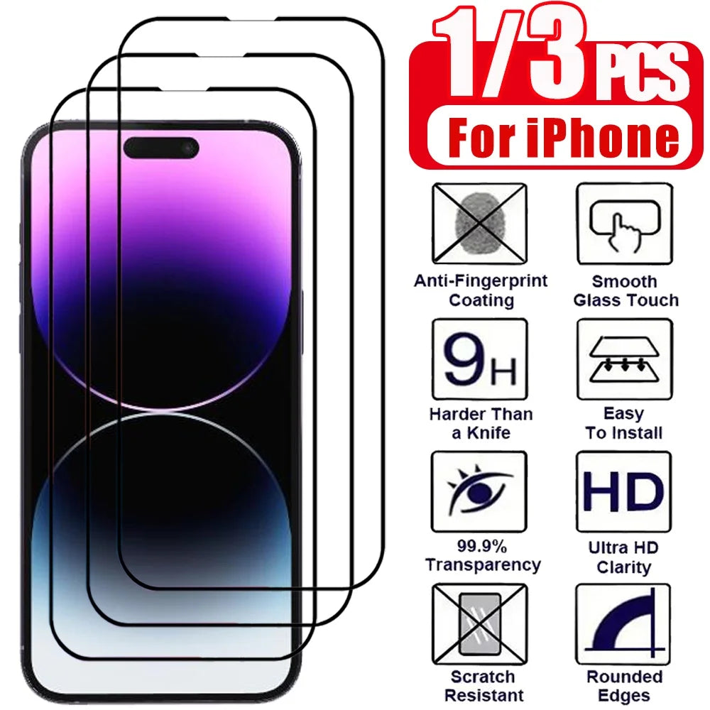 1/3 PCS protector pantalla For IPhone 17 16 15 14 13 12 11 Pro Max Tempered Glass iPhone 15 Pro max Screen Protector iPhone13 Mini Cristal templado iPhone 16 Pro Film iPhone 17 Pro Max Original Phone Film
