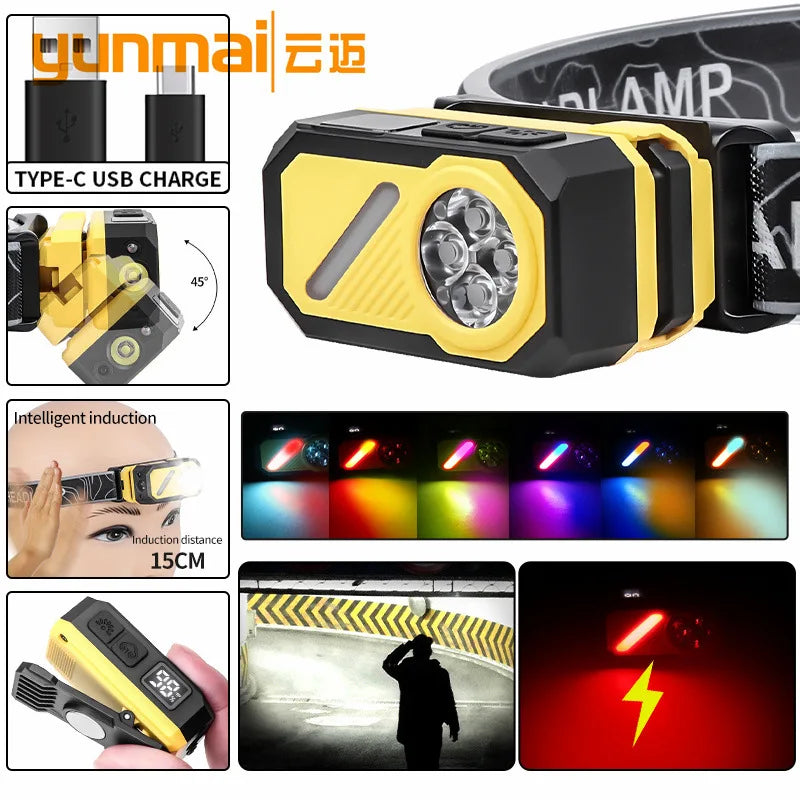 LED Induction Headlight, Can Be Used As Portable Running Light with Cap Clip RGB Ambient Light, Multi-light Source
