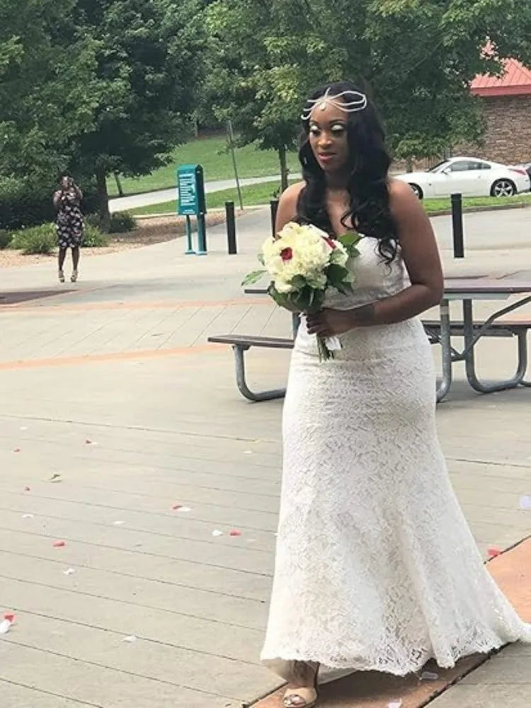 TSxuelian Sweetheart  Lace Wedding Dresses Mermaid Off Shoulder Floor Long Bridal Ball Gown Small Trailing  Beach Wedding Gown