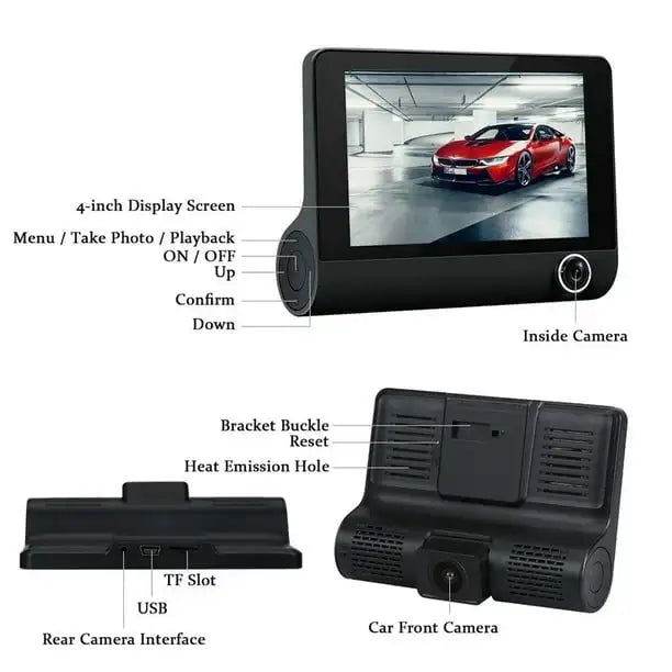 Car DVR 3 Cameras Full HD 1080P Dual Lens Car DVR Camera 4.0 inch LCD Screen with 170 Degree Rear View Loop Recording