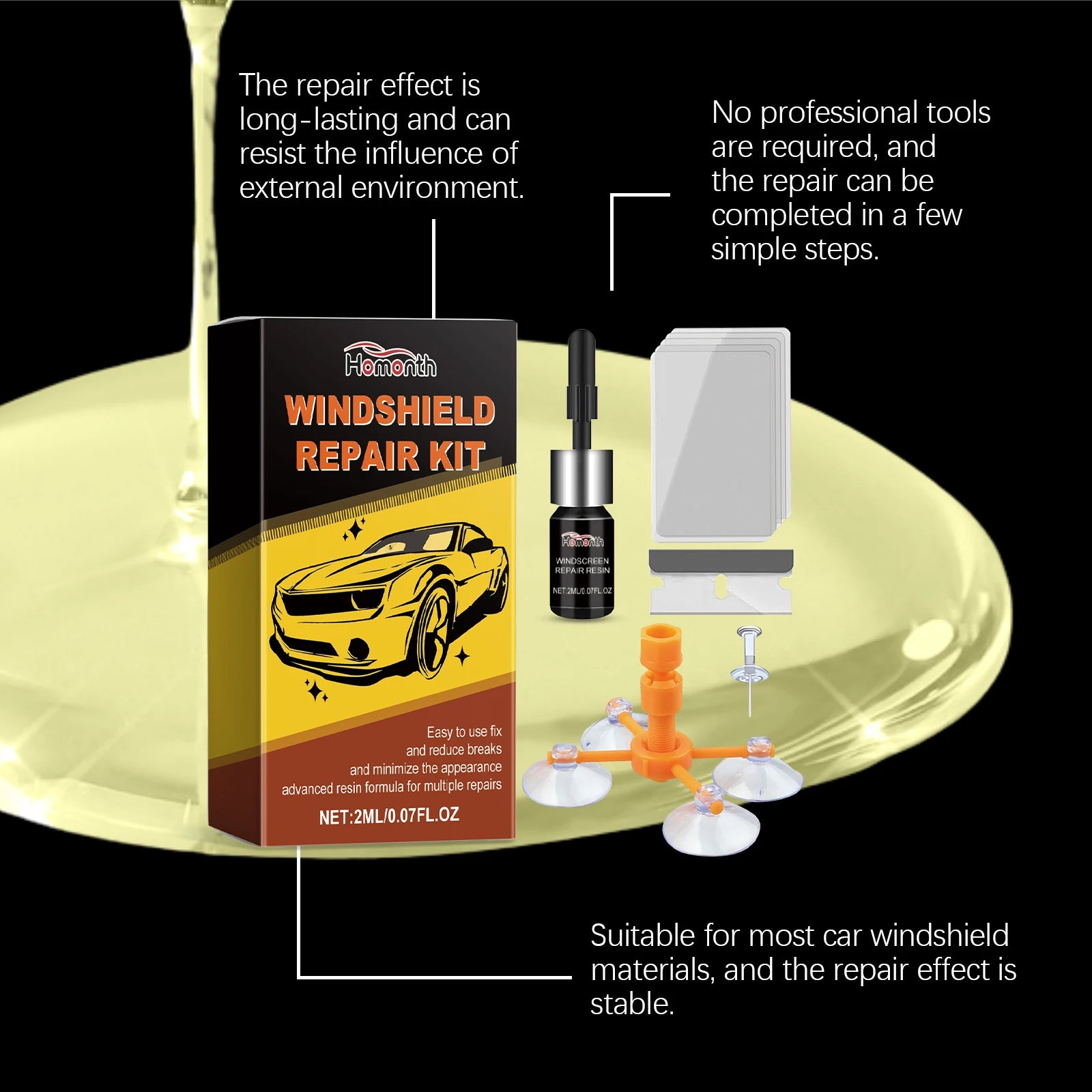 Professional Windshield Repair Kit Permanently Fix Cracks & Chips on Car Glass Stops Crack Spreading Restore Clear Vision