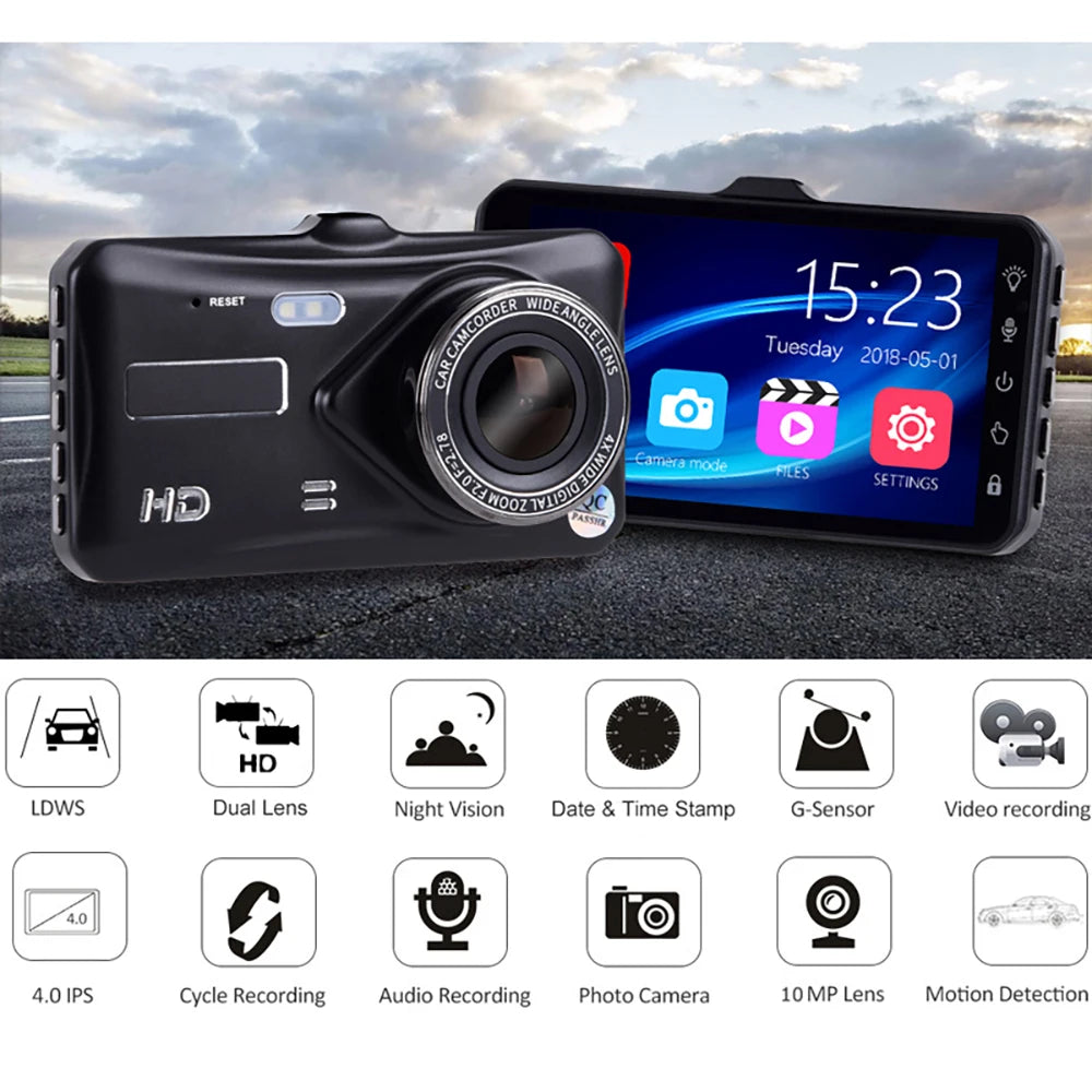 Dual Lens 1080P HD for Cars 4inch Touch Screen Dash Cam Car DVR Video Recorder Front and Rear View Camera for Vehicle Black Box