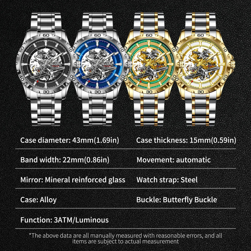 Glenaw Aircraft fully automatic mechanical men's watches, multi-color, trendy and fashionable personalized top brand watches