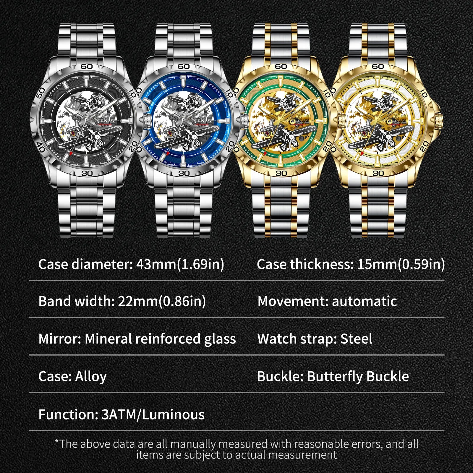 Glenaw Aircraft fully automatic mechanical men's watches, multi-color, trendy and fashionable personalized top brand watches