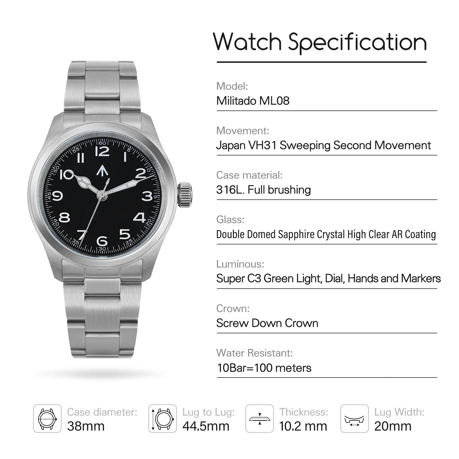 Militado ML08 Military Watch VH31 Quartz Movement Double Sapphire Crystal C3 BGW9 Luminous 10Bar Waterproof 38mm Vintage Watch