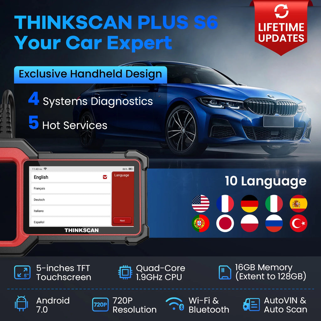 THINKCAR Thinkscan Plus S5 S6 OBD2 Auto Scanner diagnostic tools with ECM TCM ABS SRS system 5 resets Code Reader lifetime free