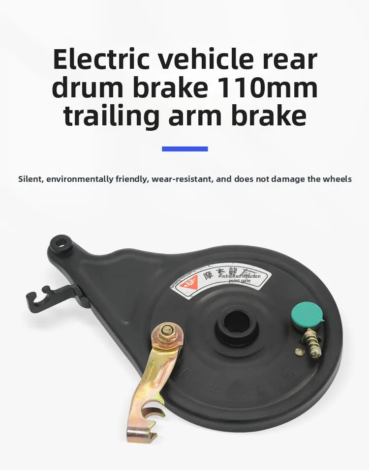 Electric scooter with 110-volt motor and integrated rear brake, electric motorcycle drum brake, tensioning assembly.