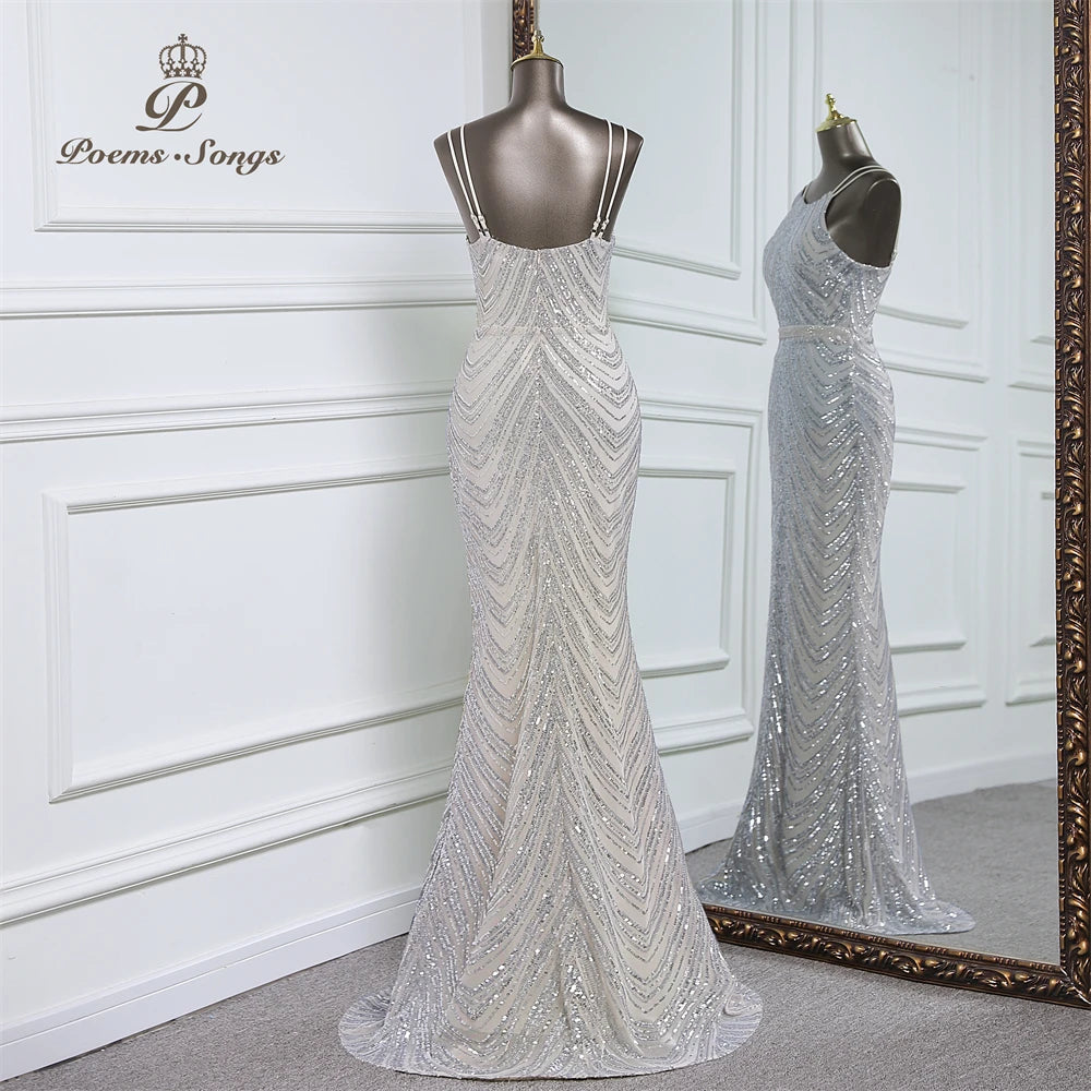 luxury sequins mermaid evening dress With Detachable Chiffon Train Prom Dress evening party dresses for women wedding party
