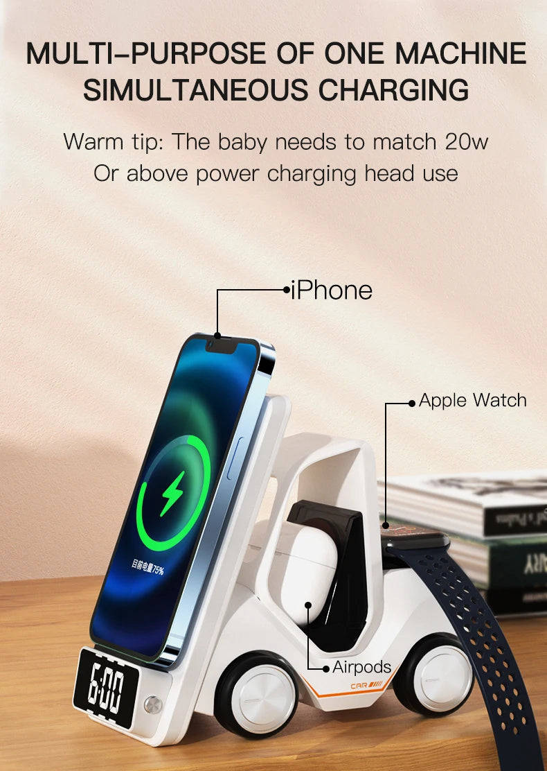 Wireless Charger 4 in 1 Forklift Design Fast Charging Dock with Alarm Clock Time For iPhone/iWatch/AirPods Pro