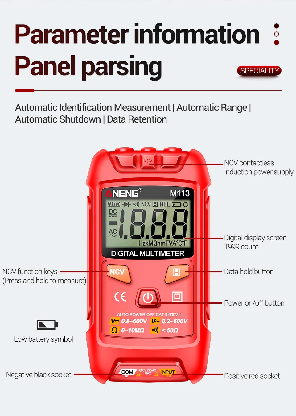 ANENG M113 Inteligent Multimeter 1999 Count Digital AC/DC Voltage Meter Ohm NCV Measuring Mini Instruments Electricity Test Tool