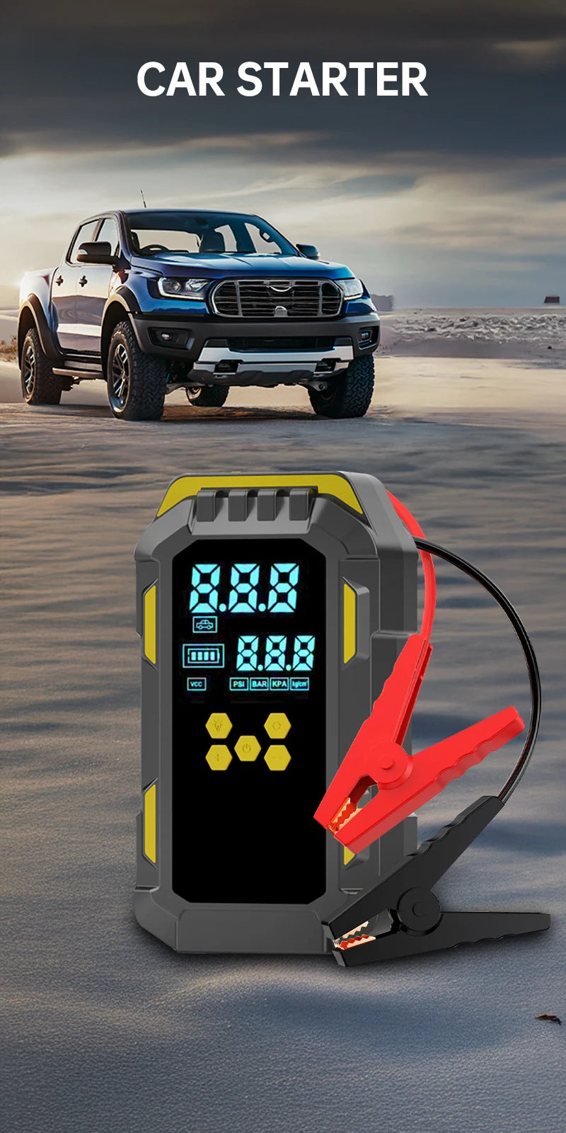 Portable Car Jump Starter with Air Compressor - 12V Emergency Power Bank for Vehicle Battery Boost, Fast Inflation for Tires