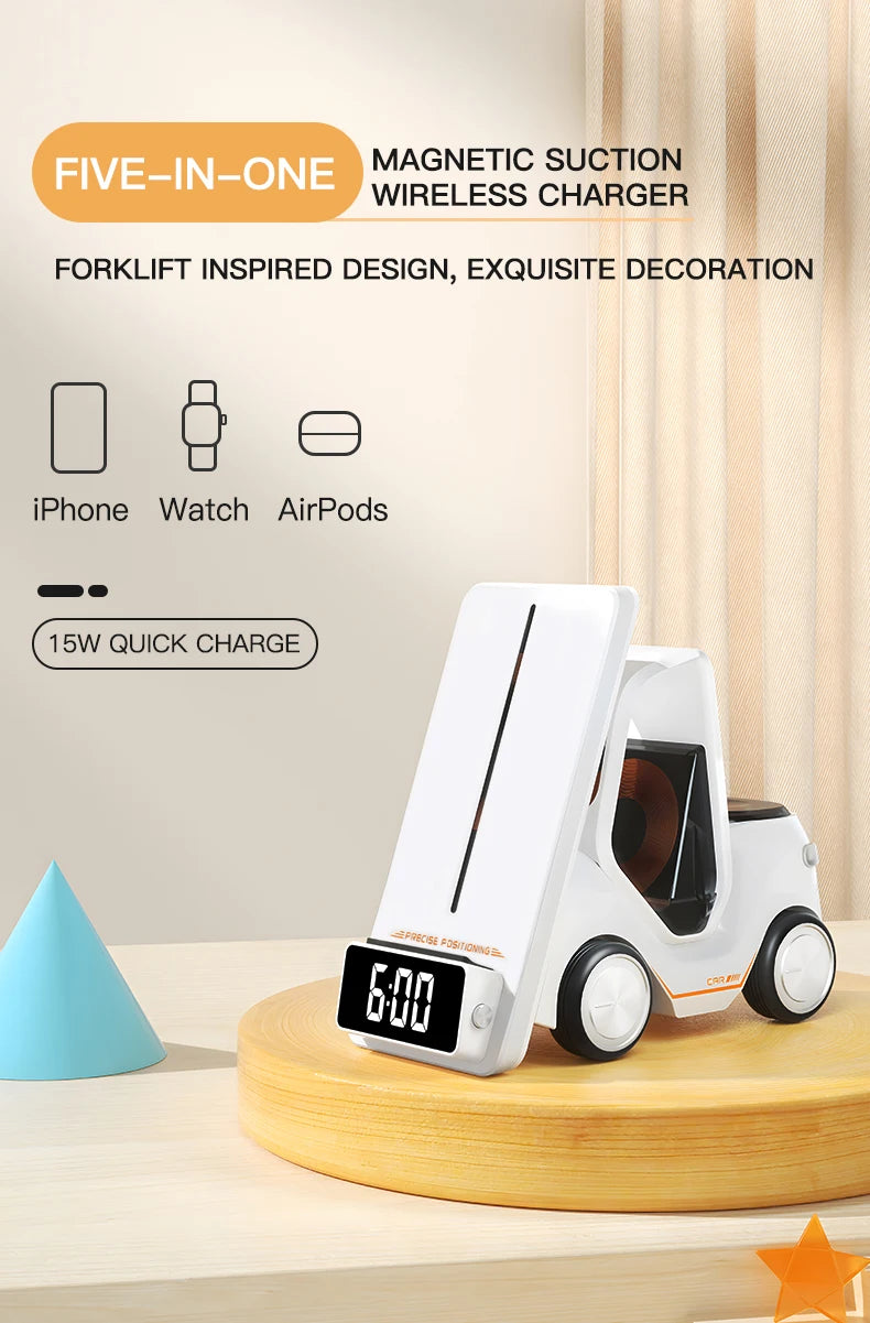 Wireless Charger 4 in 1 Forklift Design Fast Charging Dock with Alarm Clock Time For iPhone/iWatch/AirPods Pro