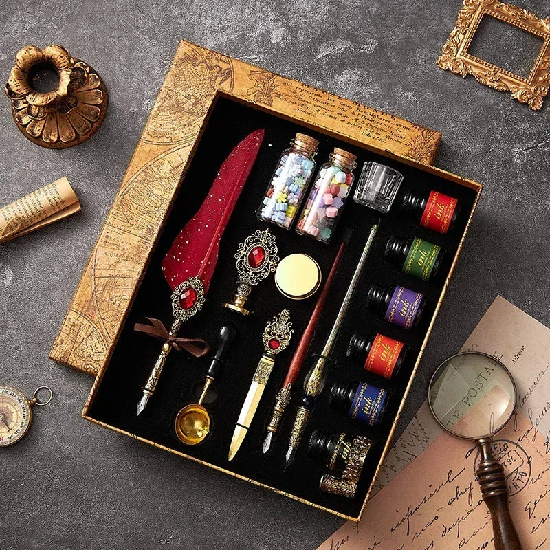 European Style Quill Pens Set with Ink New Retro Dipping Quill Pen Wholesale Lacquer Seal Student Dip Pencil Feather Pen Gifts