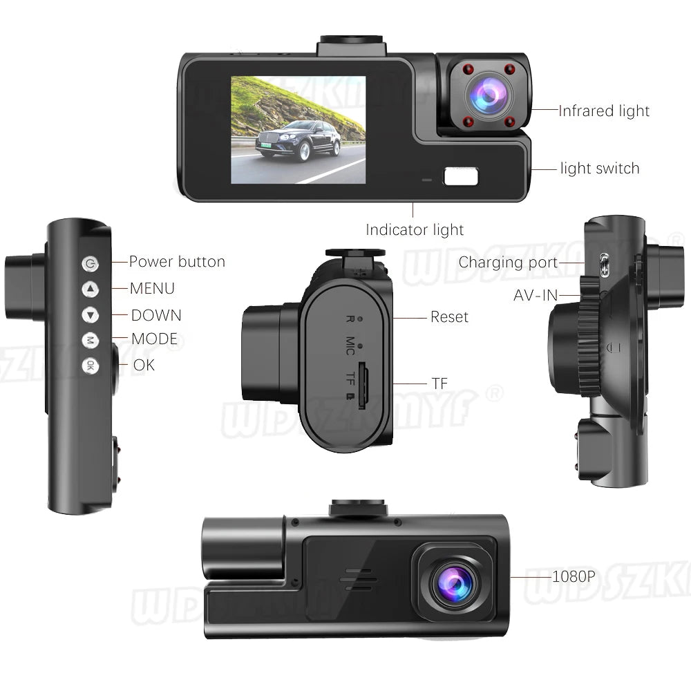 3Lens Dash Cam for Cars 2" Car DVR 1080P Video Recorder Front Rear View Camera for Vehicle Night Vision Black Box Car Assecorie
