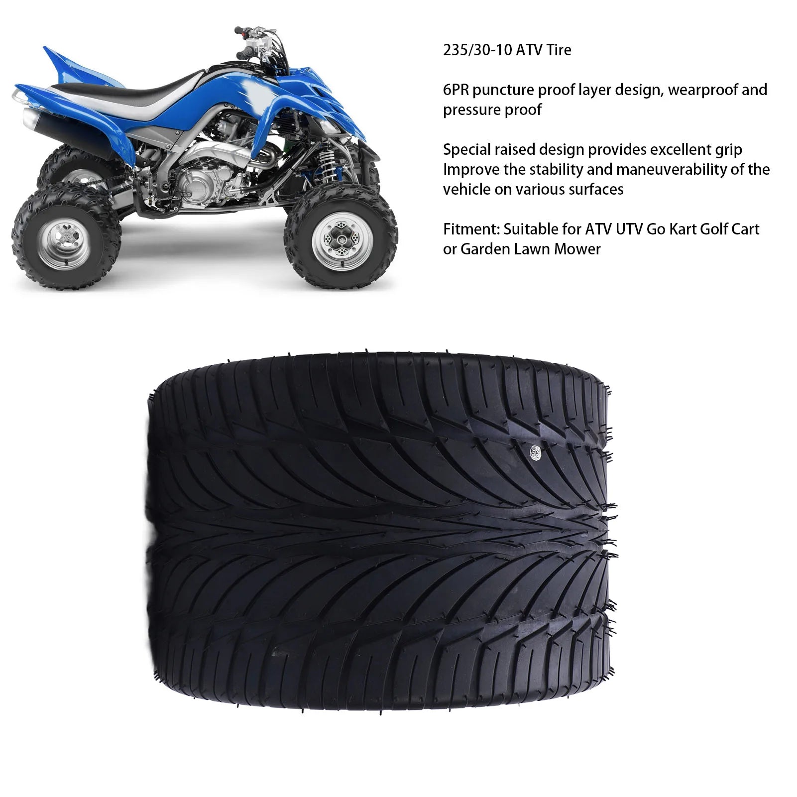 10 Inch 235/30-10 Tire Multifunctional Excellent Traction Rubber for ATV UTV Go Kart  Cart Lawn Mower All Terrain Tire