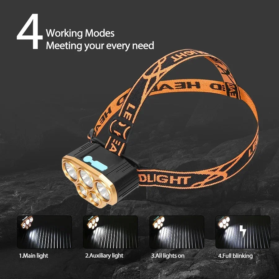 5 LED Strong Light Headlamp Built in 18650 Battery USB Rechargeable Head Flashlight Outdoor Ultra Bright Fishing Camping Lamp
