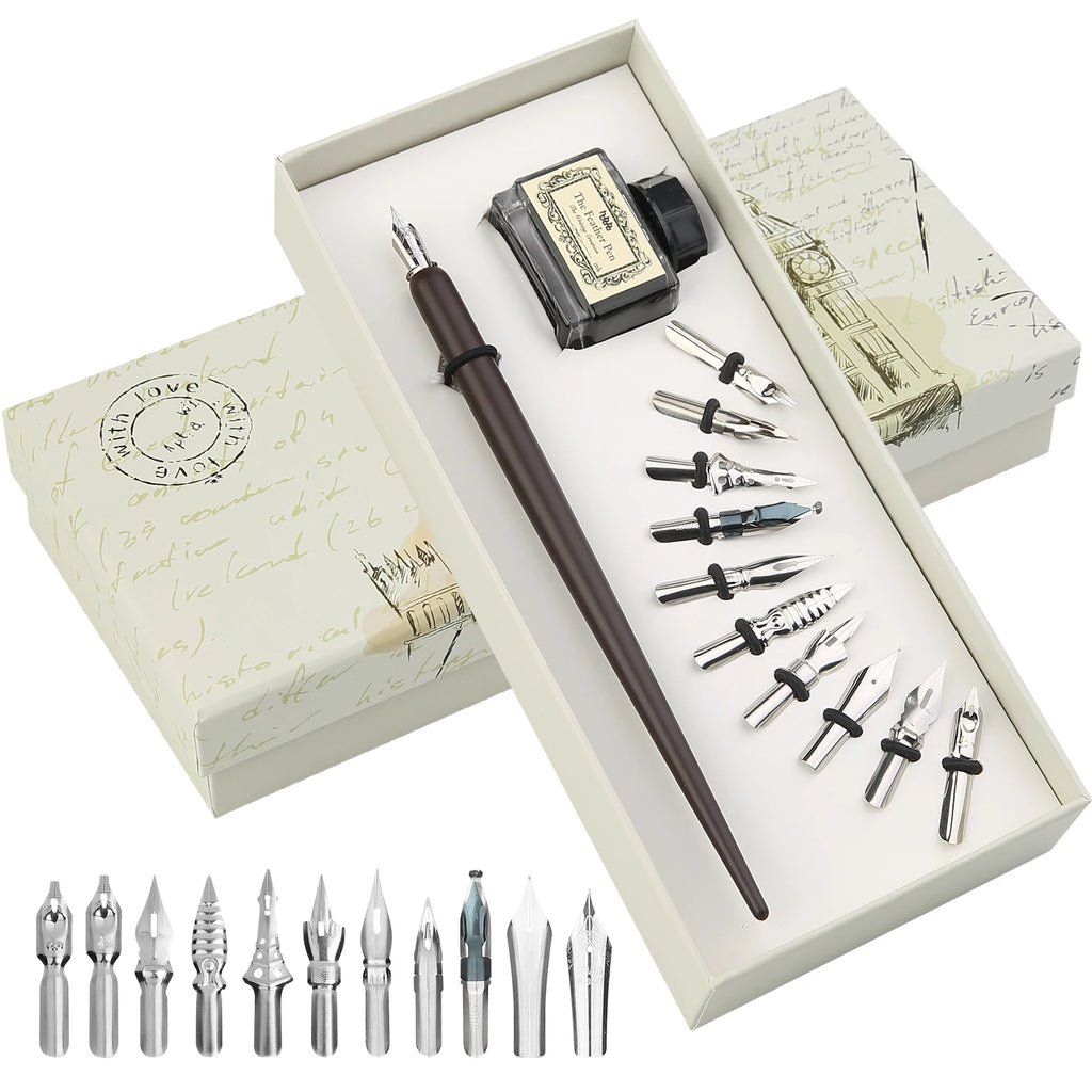 Calligraphy Set for Beginners Wooden Pen and Ink Set Fancy Pens with Black Ink and 11 Nibs for Lettering, Journaling, Signing