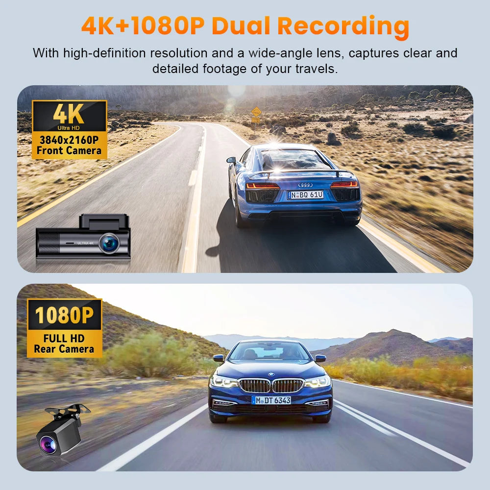 Dual Lens Dash Cam For Car Camera 4K Video Recorder WIFI GPS Car DVR Front and Rear View Camera Night Vision Car Accessories