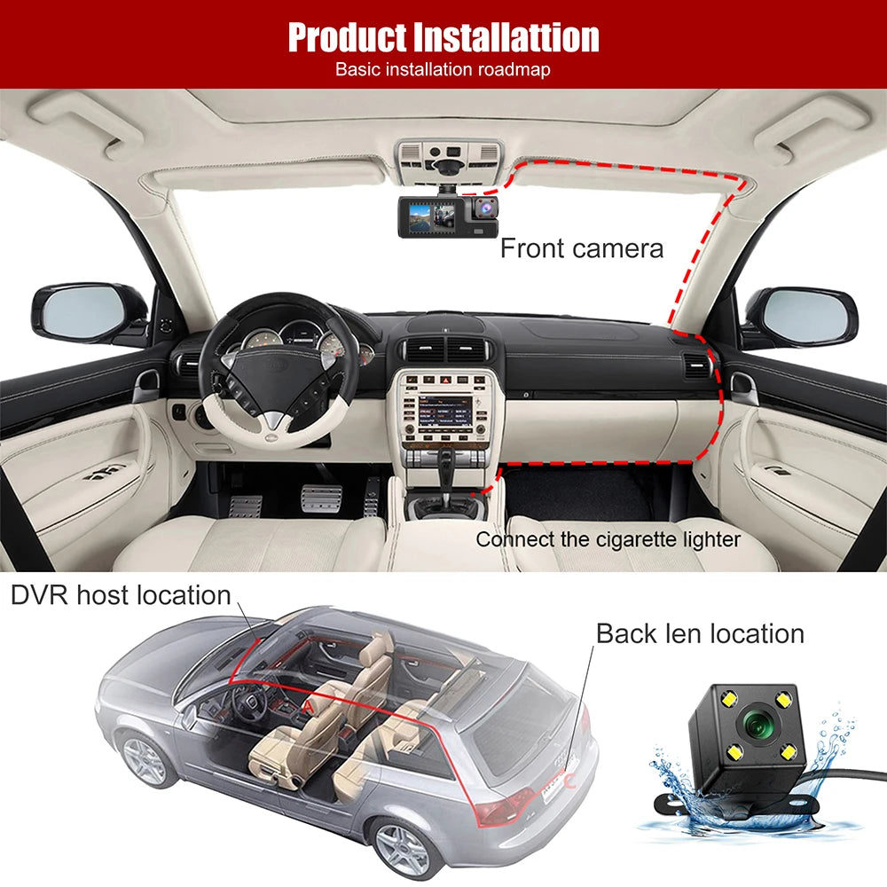 3Lens Dash Cam for Cars 2" Car DVR 1080P Video Recorder Front Rear View Camera for Vehicle Night Vision Black Box Car Assecorie