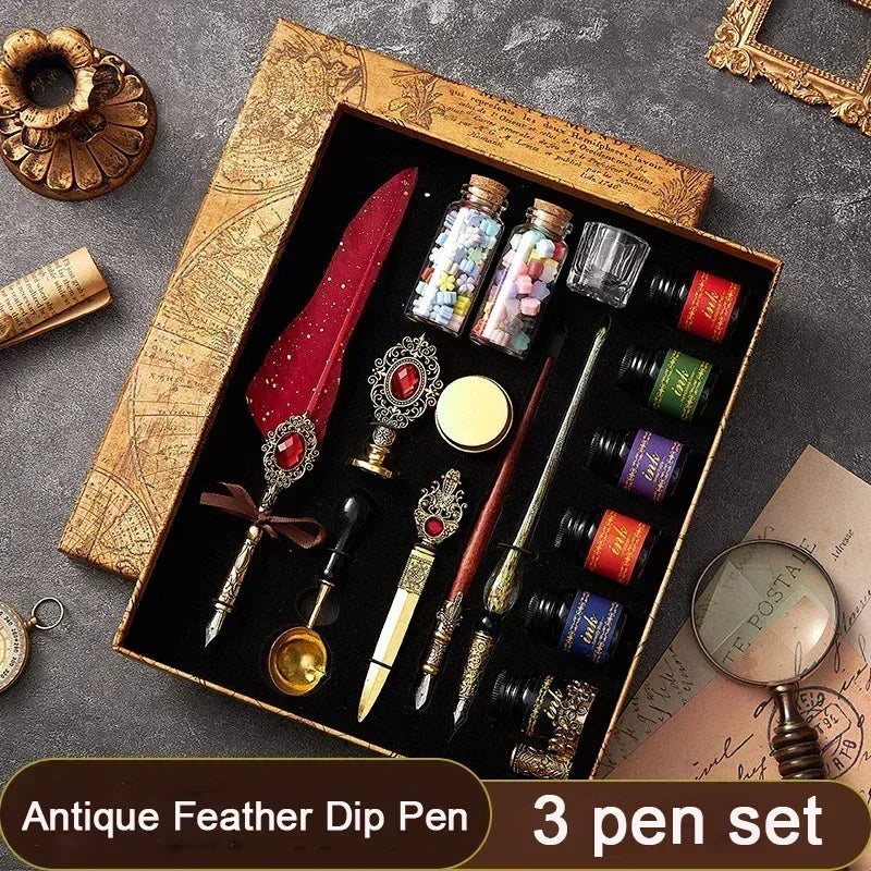 European Style Quill Pens Set with Ink New Retro Dipping Quill Pen Wholesale Lacquer Seal Student Dip Pencil Feather Pen Gifts