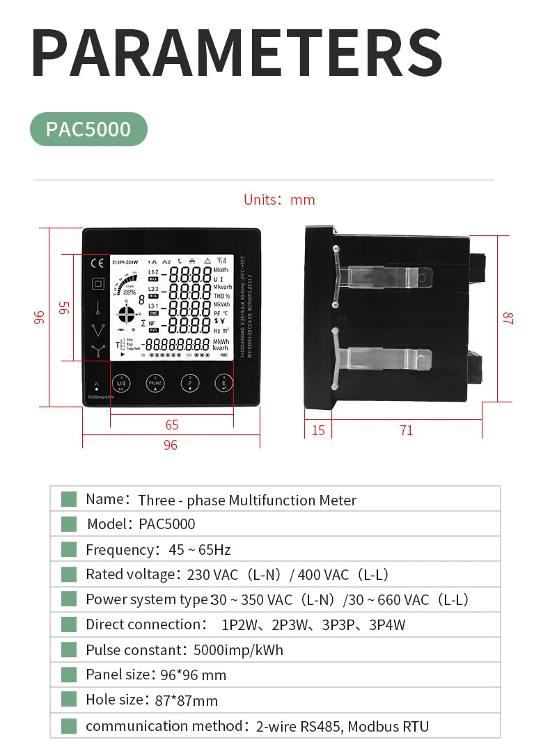 Multi-function Power Panel 3 Phase Energy Meter Smart Multi-Rate 96*96mm RS485 Modbus RTU With Current Transformer 5A CT Connect