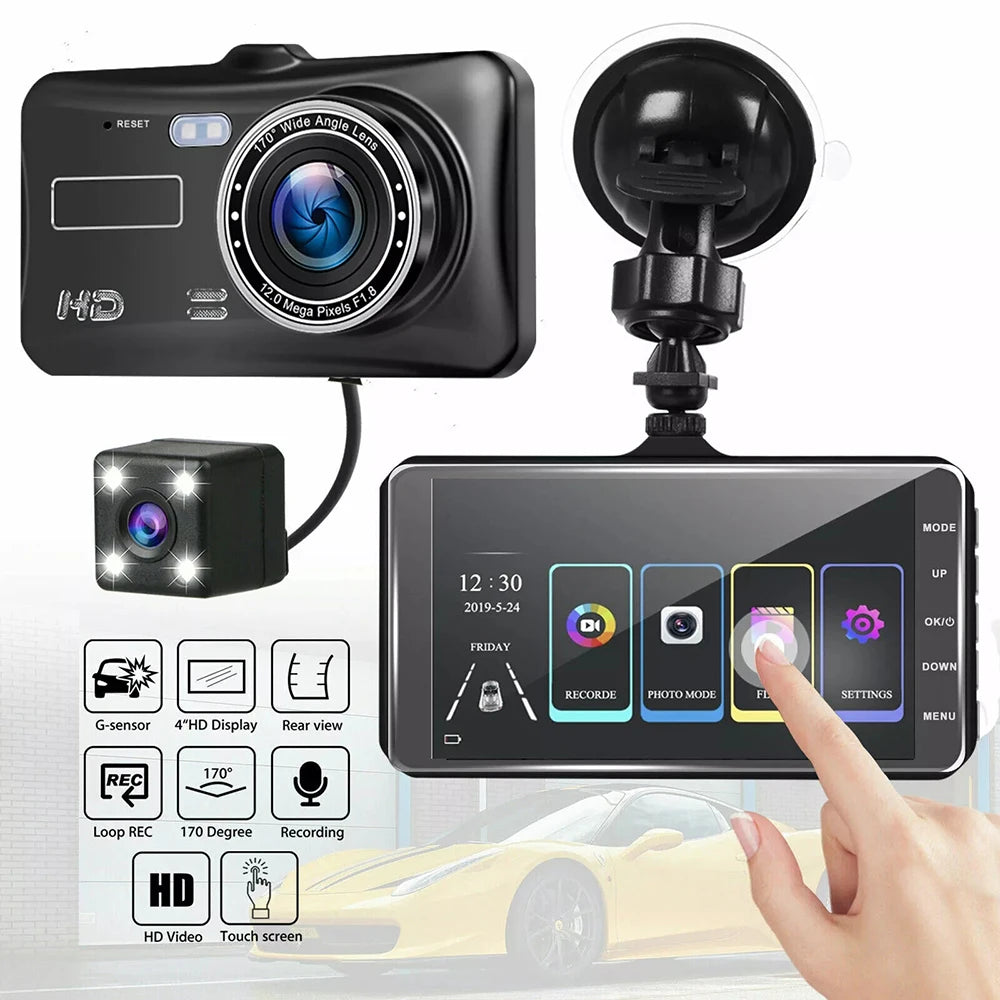 Dual Lens 1080P HD for Cars 4inch Touch Screen Dash Cam Car DVR Video Recorder Front and Rear View Camera for Vehicle Black Box