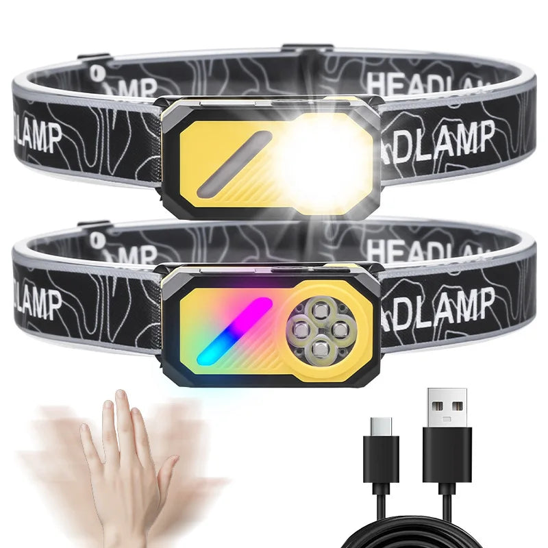 LED Induction Headlight, Can Be Used As Portable Running Light with Cap Clip RGB Ambient Light, Multi-light Source