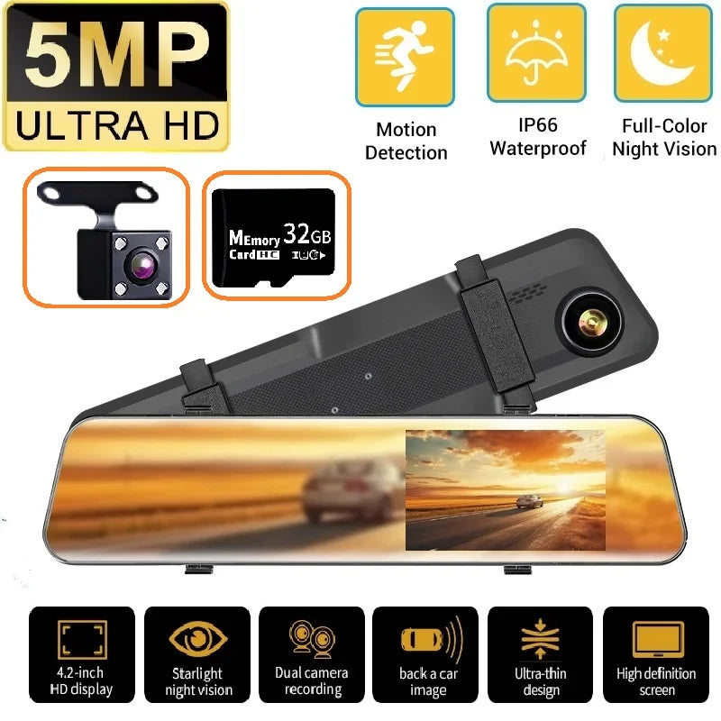 5MP Dash Cam Car Optional Dual Lens Night Vision 4.2In DVR Rearview Mirror Dash Camera Video Recorder Auto Wide-angle Camera