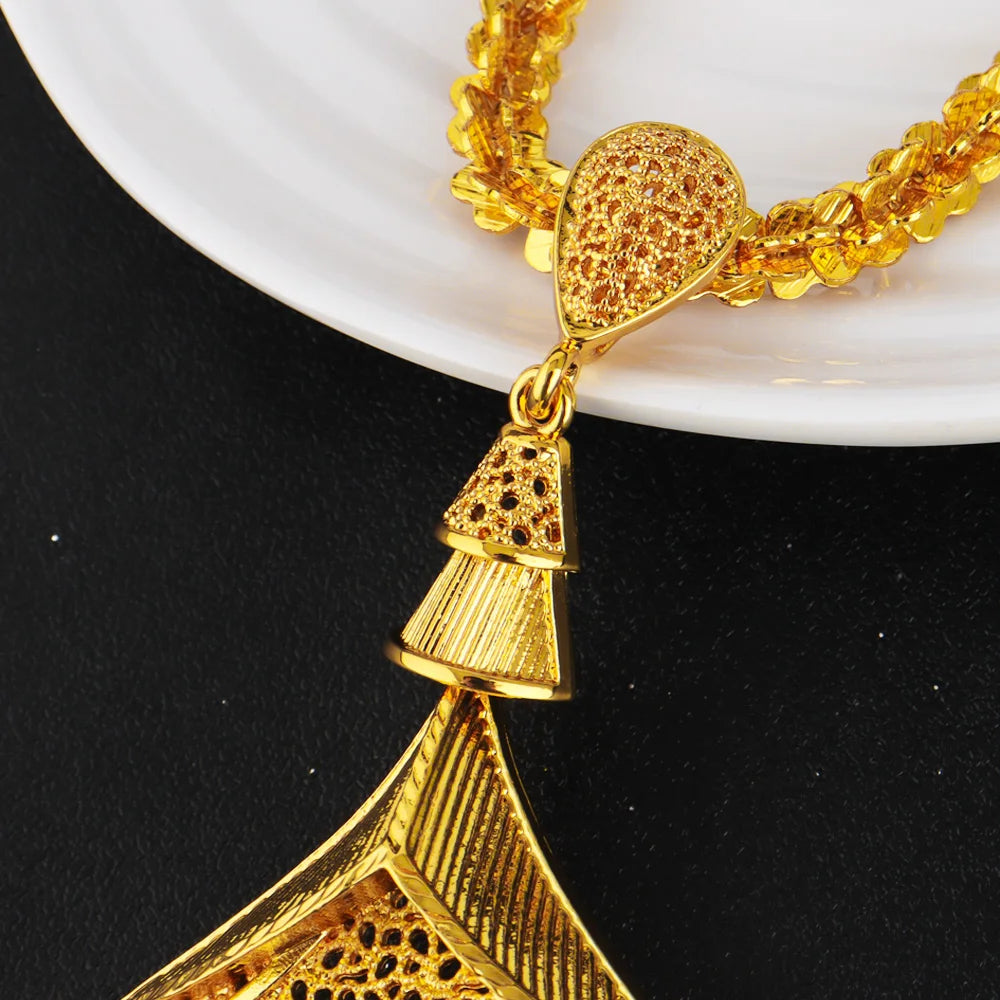 Nigerian Jewelery Set For Women Dubai 24K Gold Color Jewlery African Designer Wedding Bridal Necklace Earring Ring Gift