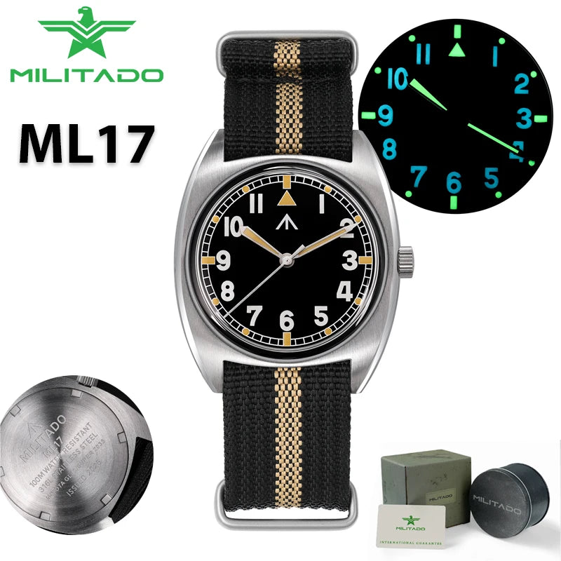 Militado ML17 Military Watch Miyota Super 2035/ GL12 Quartz Movement C3/BGW9 Luminous 100m Waterproof 36MM Vintage Men Watches